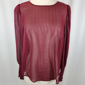 A New Day Women's Sheer Blouse Size M Long Sleeve Burgundy Puff Sleeve Light